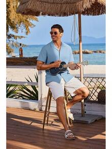 Mens Cotton Linen Shirt Casual Button Down Short Sleeve Shirts Summer Cuban Vacation Beach Shirts With Pockethalloween - 淺藍色 - 查看 8