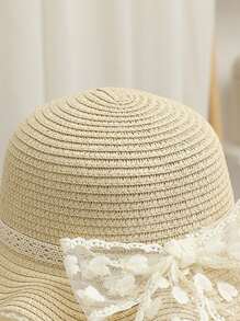 1pc Kids Cute Love Lace Bow Straw Hat, Fashionable Princess Beach Travel Sun Protection Grass Woven Hat, Suitable For Daily Outing