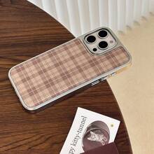 1 pieza Funda de teléfono con patrón de cuadros retro y borde metálico, compatible con Apple/Series, minimalista y vintage, resistente al agua, a los golpes y a los arañazos - Marrón - Ver 9
