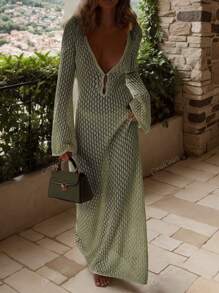 Spring-Summer Crocheted V-Neck Backless Ruched Waist Bodycon Dress For Holiday,Beach Vacation
