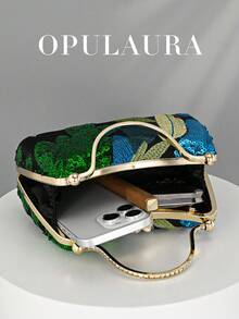 OpulAura Sequin Embroidered Floral Box Clutch, Women's Fashion Sequin Patchwork Handbag, Party Evening Bag, Random Cutting, Suitable For Women, Suitable For Party, Wedding, Formal Dance, Holiday. Highly Suitable For Party, Wedding, Formal Dance, Banquet/Gala, Paired With Holiday Party Dresses, Evening Gowns, And Sequin Dresses. - Green - View 4