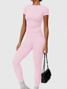 YEIFIN Ensemble de survêtement 2/4 Count pour femme, t-shirt uni à col rond et legging taille haute, t-shirt sportif et confortable, pantalon slim pour le yoga, la gym, les vêtements de sport d'été pour la rentrée scolaire, survêtements pour femme, tenue Downtown Girl, style printemps-été - Rose pâle - Voir 4