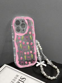 1 件时尚亮面草莓和郁金香印花加厚防摔手机壳，带挂绳，适用于 iPhone16PROMAX/15/14/13/12/11/Xsmax、GalaxyA06/A16/A26/A36/A54/A55/A56/S23/S24/S25ultra