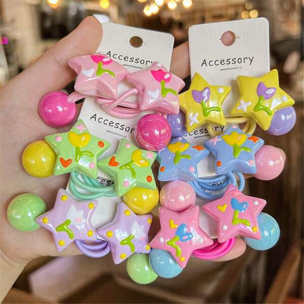 2pcs Cute Painted Flower Non-Scratching Hair Elastic - Star Style Hair Tie - With Head Accessory, Hair Bobble, Hair Tie ,Hair Accessories, Ponytail Holders, Hair Elastics, Hair Rubber Bands