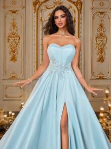 VIPGIRL Vestido de satén sin tirantes para fiesta de graduación en color blush y azul hielo con Body bordado y abertura alta, elegante vestido de gala de estilo princesa, atuendo para dama de honor, vestido de fiesta para mujeres, vestidos formales y de noche para mujer