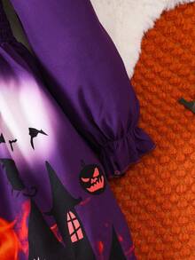 Young Girls Halloween Pumpkin Print Long Sleeve Dress With Hat, Autumn - Purple - View 4