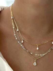 3pcs Fashionable Multi-Layer Pearl Teardrop Pendant Necklace, Stylish Layered Necklace, Suitable For Daily Wear And Gift
