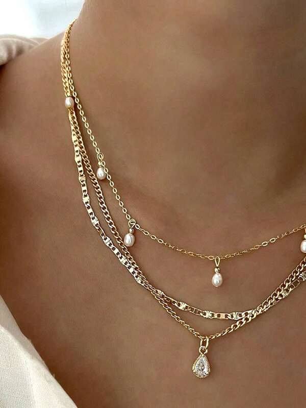 3pcs Fashionable Multi-Layer Pearl Teardrop Pendant Necklace, Stylish Layered Necklace, Suitable For Daily Wear And Gift