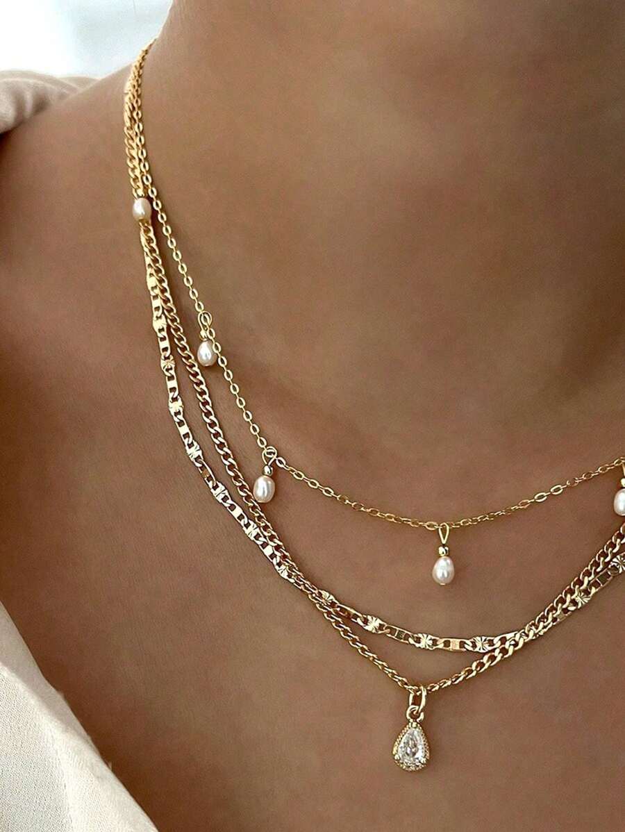 3pcs Fashionable Multi-Layer Pearl Teardrop Pendant Necklace, Stylish Layered Necklace, Suitable For Daily Wear And Gift