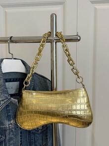 Bolso de mano tipo baguette con cadena gruesa dorada y estampado de cocodrilo para mujer - Dorado - Ver 2