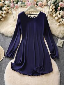 Đầm mini dáng chữ A cổ tròn tay chuông màu trơn khoét rỗng thắt dây thời trang gợi cảm, phong cách thường ngày mùa xuân thanh lịch - Màu xanh hải quân - Xem 3