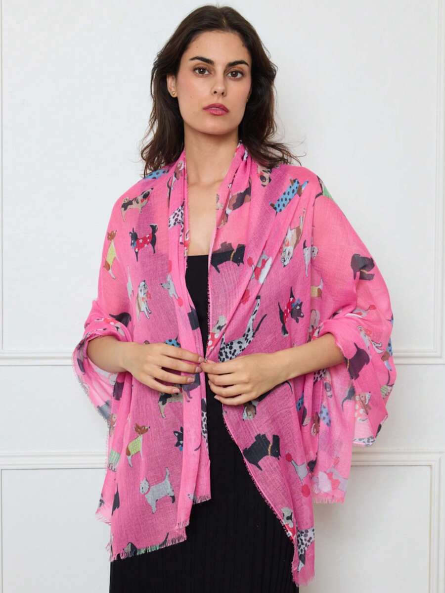 超柔软夏季围巾，印有彩色狗狗图案。尺寸：85厘米/180厘米 - 中紫紅色 - 查看 1