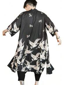 Men Japanese Kimono Coat Loose Yukata Outwear Long Bathrobe Tops Vintagehalloween - Đen ngắn - Xem 5