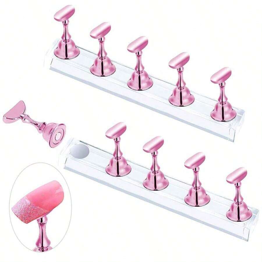 2 Sets Pink Nail Stand For Press On Nails Display, Magnetic Fake Nails Holder For Painting Nails Practices, Beginner Acrylic Nail Art Kit Accessories, Nail Salon Equipment And Decor - 2 Sets Pink Nail Stand - View 1