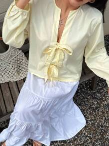 DEEKA 2023 Spring-Summer New Arrival Summer Butter Yellow Graduation Outfit Women Fashion Casual Silk Blouse With Bow Decor