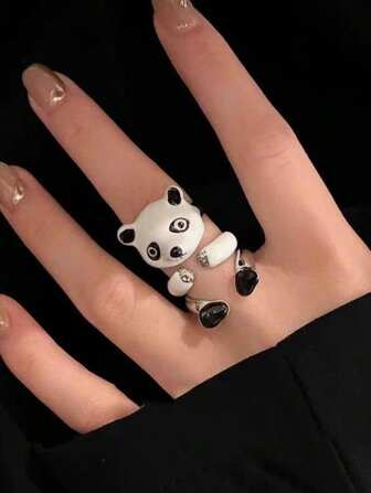 3pcs/Set Cartoon Cute Panda Design Adjustable Zinc Alloy Rings, Best Gift For Women
