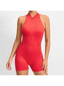 Women's Sleeveless Yoga Jumpsuit, Zipper Vest Exercise Clothing Set Women's Fashion Sports Coveralls - 紅色 - 查看 1