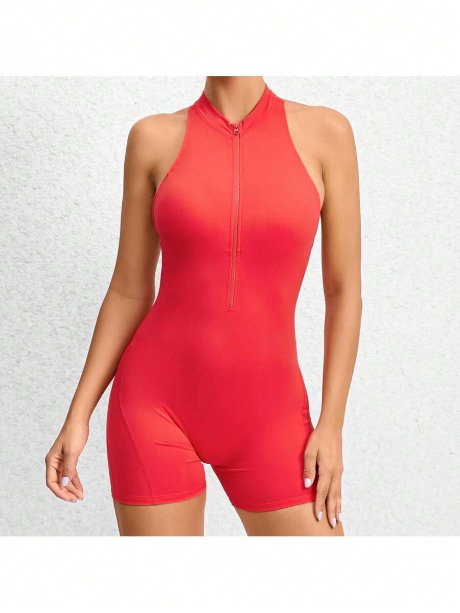 Women's Sleeveless Yoga Jumpsuit, Zipper Vest Exercise Clothing Set Women's Fashion Sports Coveralls - 紅色 - 查看 1
