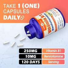 Vitamin B1 Thiamine 250mg With Benfotiamine 10mg Supplement -Thiamine B1 Supplement For Healthy Nervous System & Energy Metabolism, Gluten-Free - 120 Capsules - không có hương vị - Xem 4