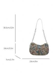 Fashion Floral Patchwork Pattern Shoulder Bag, Versatile Baguette Bag, Metal Chain Mini Bag, Underarm Bag - Blue - View 4