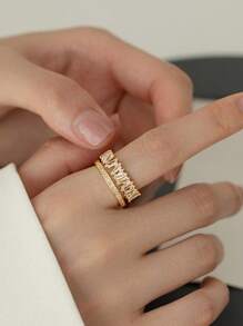 1 pieza Anillo abierto asimétrico de doble capa de lujo con zirconia micro-incrustada