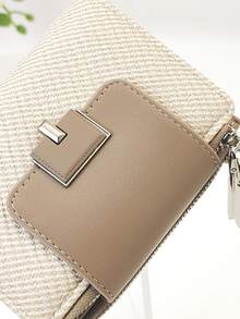 Women's Short Wallet, Straw Braided, Soft Textured PU Leather, Fashionable Snap Closure Bifold Wallet, Large Capacity Multi-Function Card Holder, Lightweight Minimalist Clutch Bag, Suitable As Holiday Gift - Apricot - View 2