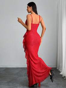 女士优雅现代性感浪漫蕾丝双层不对称荷叶边 V 领连衣裙 - 紅色 - 查看 4