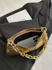 Bolso de mano tipo baguette con cadena gruesa dorada y estampado de cocodrilo para mujer - Dorado - Ver 6