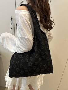 Floral Print Cute Tote Bag - Black - View 4