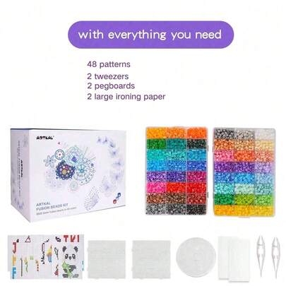 Set de abalorios de fusión para niños, 9600 piezas en 48 colores, juego de manualidades de abalorios de hierro fusionados con 3 plantillas, 2 hojas grandes de sellos, 48 dibujos y 2 pinzas como regalo de Navidad y cumpleaños para niños y niñas