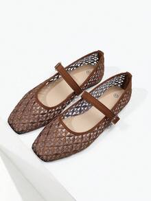 ADAMUMU Women's Fashion Square Toe Casual Party Office Buckle Strap Breathable Woven Hollow Mesh Comfortable Slip-On Flat Loafers, Mocha Brown