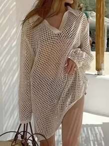 Beach Vacation European And American Casual Loose Pullover Sweater For Plus Size Women, Hollow Out Semi-Sheer Long Sleeve, Plus Size Knit Top With Lapel Collar