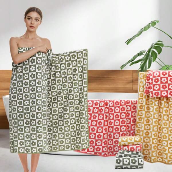 1 pieza Toalla de baño de felpa de coral, suave, cómoda, sin esponjamiento, con estampado de cuadros y flores, suave, absorbente, sin deshilachado, de secado rápido para salón de belleza y baño del hogar