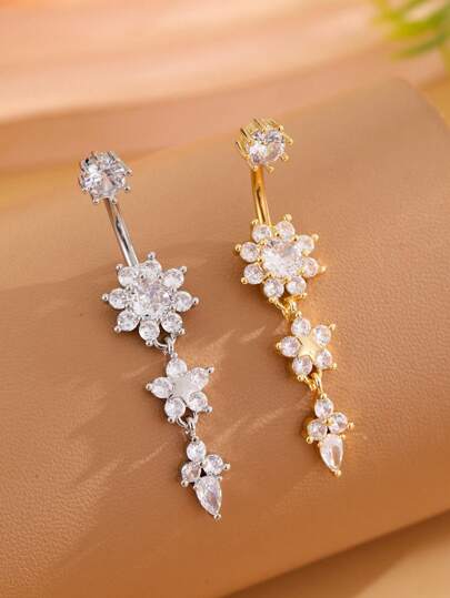 1 Pc 18GA Stainless Steel Navel Ring Pendant With 5mm Cubic Zirconia Stone, Classic Belly Button Jewelry For Women