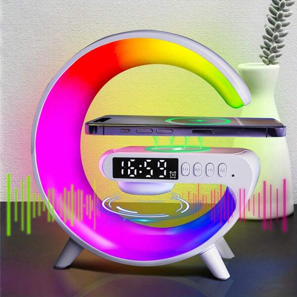 1pc Big G Lights Bigger Size Smart Table Lamp For 15W Wireless Fast Charging, Wake Up Light Sunrise Alarm Clock For Bedroom, Natural Sleep Aid Nightstand Lamp, Multi-Function Dimmable LED Light For Room With Audio Relax, Reading, Lighting Accessory
