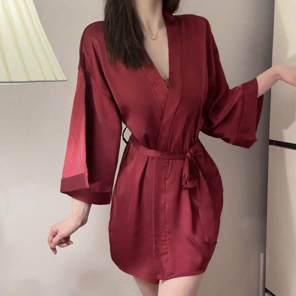Nachtfun Sommer sexy Pyjamas Satinkardiganjacke mit Bindegürtel, großer Bademantel, Homewear Pyjama-Set für Damen