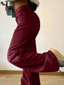 Women's Wide Leg Straight Leg Jeans, Non Stretch Front Button And Pocket Casual Loose Denim Pants - Red - View 4