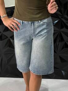 Manon Tanti Women's Loose Fit Wide Leg Denim Shorts With Pockets, Knee Length - Medium Wash - View 5