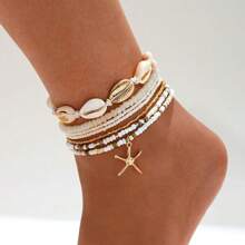 7pcs/Set Bohemian Style Shell & Beaded Bracelet & Anklet With Starfish Pendant, Women Jewelry Set (Random Bead Color)