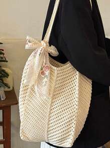 Bolso de playa de verano, bolso de mujer de malla tejida con lazo, bolso de mano con gran capacidad, bolso de compras de unicolor para vacaciones y viajes de verano. Bolso de tela de rafia tejido con lazo para mujer. Bolso de hombro grande de casual de rafia, tejido a ganchillo, bolso de compras para mujer.