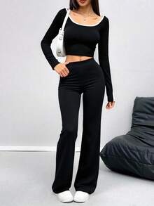 Conjunto Mujer 2025 | Top Corto Colorblock + Pantalón Ancho | Moda Verano - Negro - Ver 4