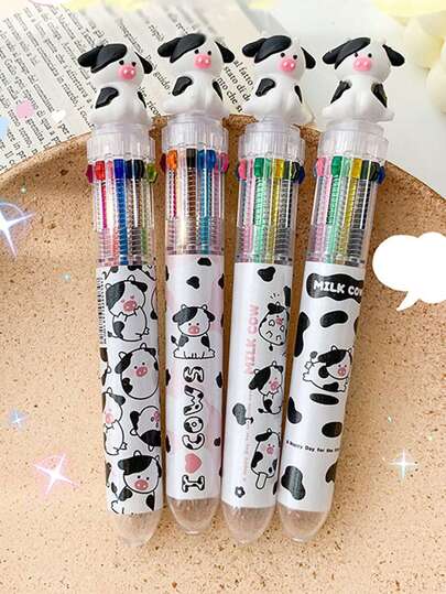 1st/1pc Random Color 10 In 1 Cartoon Cow Shaped Pen, Multiple Colors, Used For Coloring, Painting, Stationery, School Supplies/Some Accessories, Colors, Text, Patterns, Shapes Are Random, Birthday Gifts, Christmas Gifts, Back To School Season Gifts
