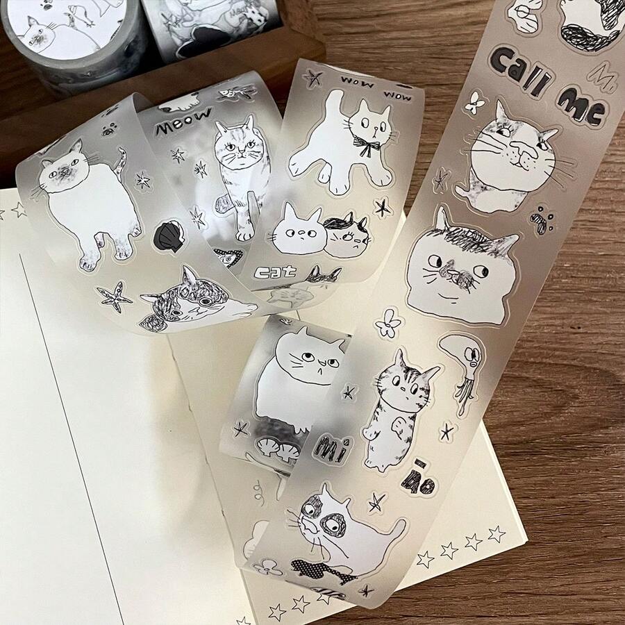 3m Cute Cat Themed Decorative Sticker Rolls, Creative Scrapbooking Stickers For Journals, Planners, Crafts - one-size - View 1