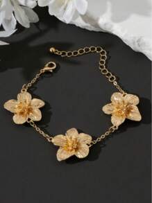 1 pieza Brazalete de dama con diseño exagerado de flor de 5 pétalos en tono dorado, regalo de boda