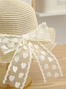 1pc Kids Cute Love Lace Bow Straw Hat, Fashionable Princess Beach Travel Sun Protection Grass Woven Hat, Suitable For Daily Outing