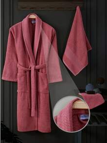 3-Piece Cotton Bathrobe & Towel Set | Standard Size: 115 Cm Height X 120 Cm Width | Soft, Absorbent & Durable | Made In Turkey - Red and White - View 1