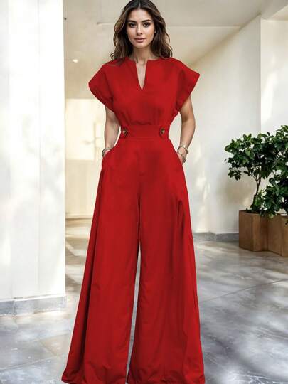 Mono de pierna ancha de cuello con abertura manga mariposa con cinturón ajustable casual y elegante para dama