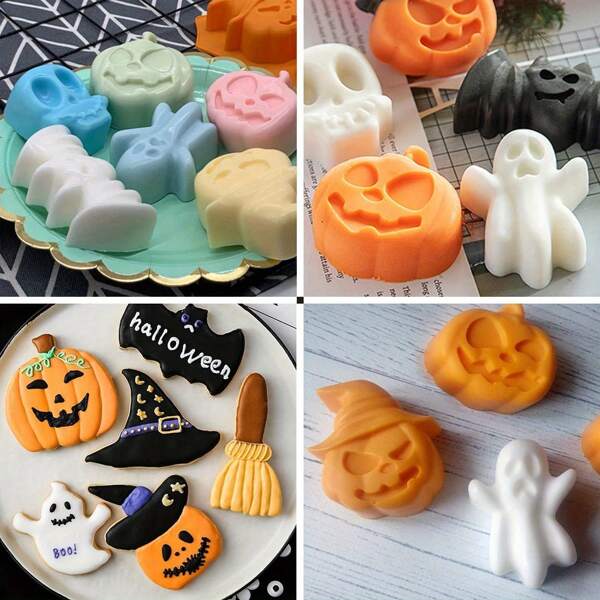 1pc Halloween Silicone Chocolate Cake Molds, 6 Cavity Baking Mold Nonstick Pumpkin Skull Ghost Shape Design Jello Ice Cube For Family Halloween Party DIY Decoration