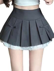 Las mujeres de encaje bustier lazo de verano de estilo universitario falda plisada de cintura alta delgada falda a-line - Gris - Ver 5