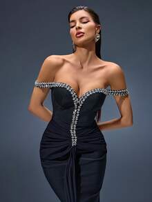 Light Luxury Rhinestone - Embellished Off - The - Shoulder Waist - Cinched Ruched Hip - Hugging Elegant Gown - Black - View 1